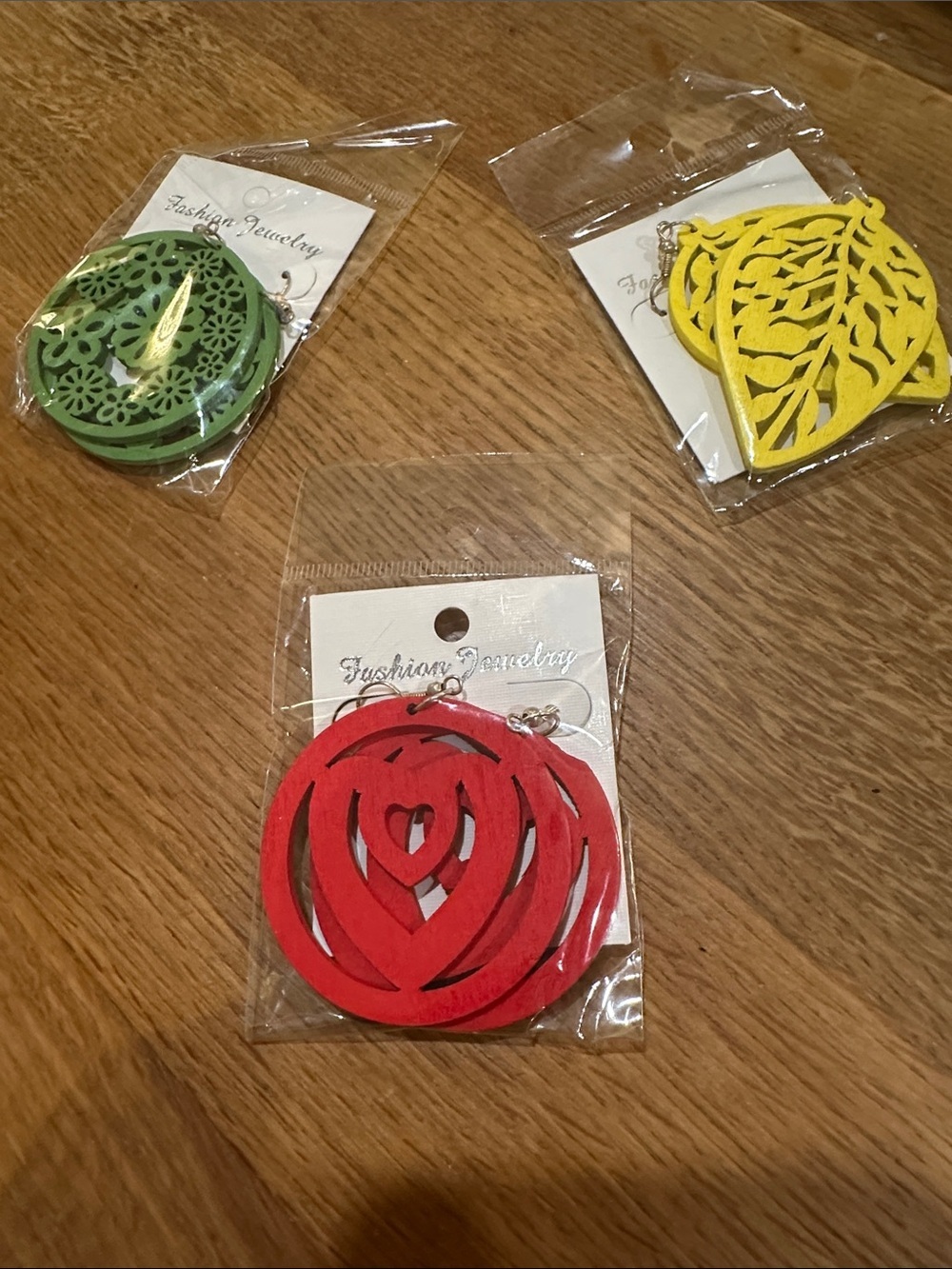 Fashion Jewelry Red Layered Floral Cutout Wood Earrings 3 pairs